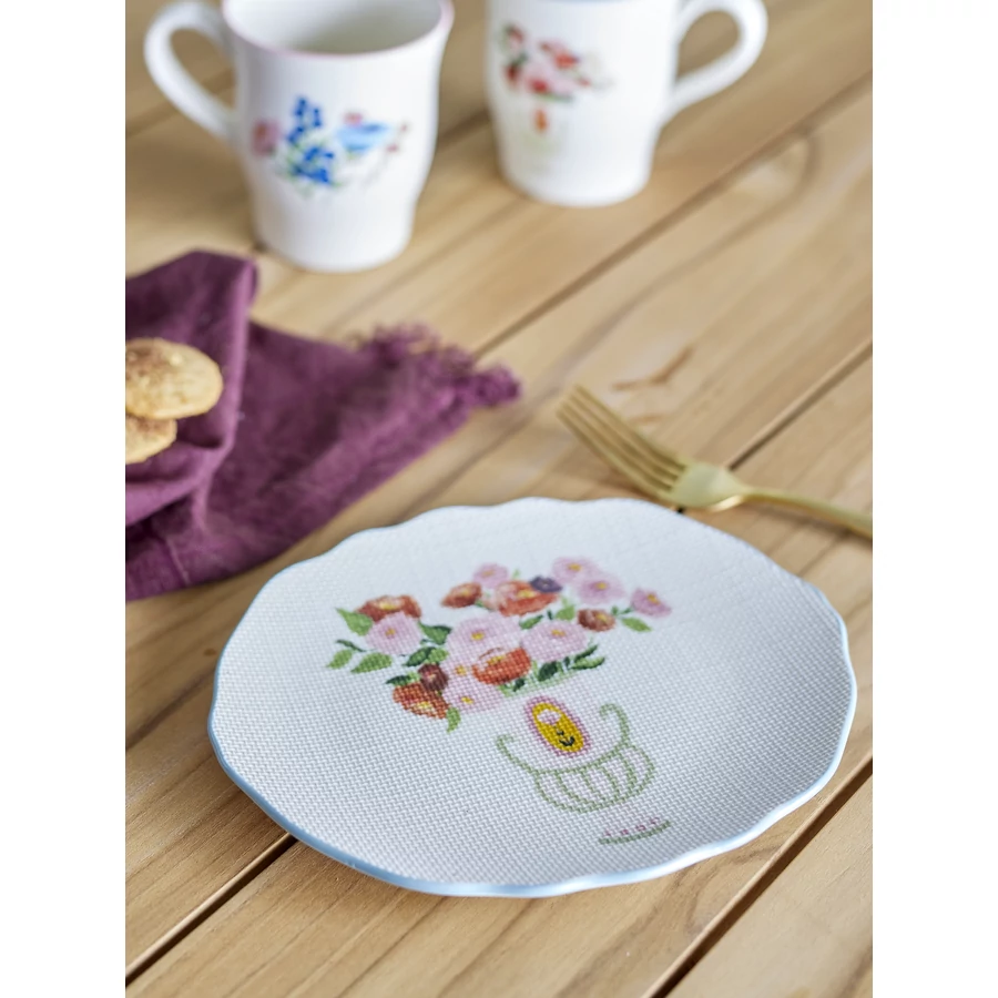 Virág mintás kék kerámia lapostányér szett 17x20 cm